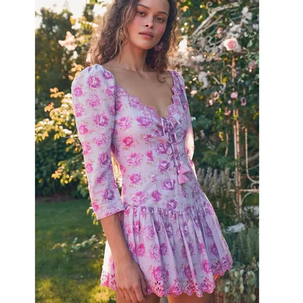 LoveShackFancy Deeba 8 Mini Dress Pink Lilac Fusion Pink Purple Lace Up - Picture 4 of 15